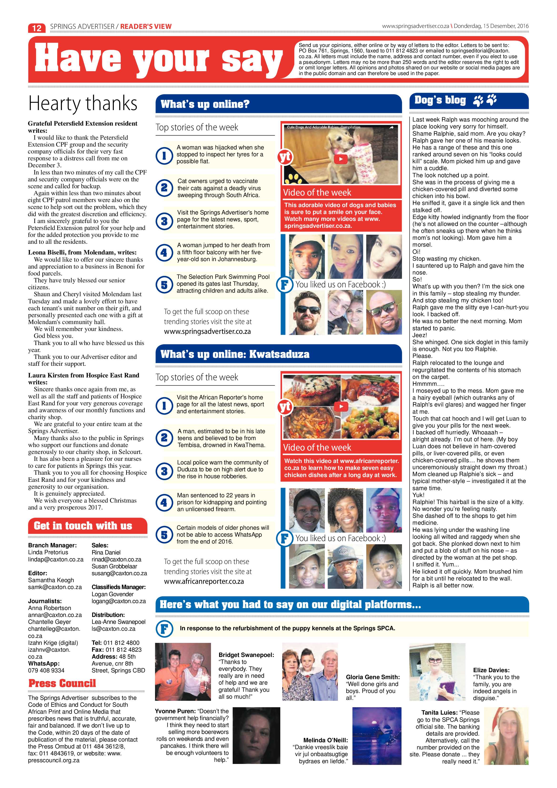 Springs Advertiser 15 December 2016 page 12
