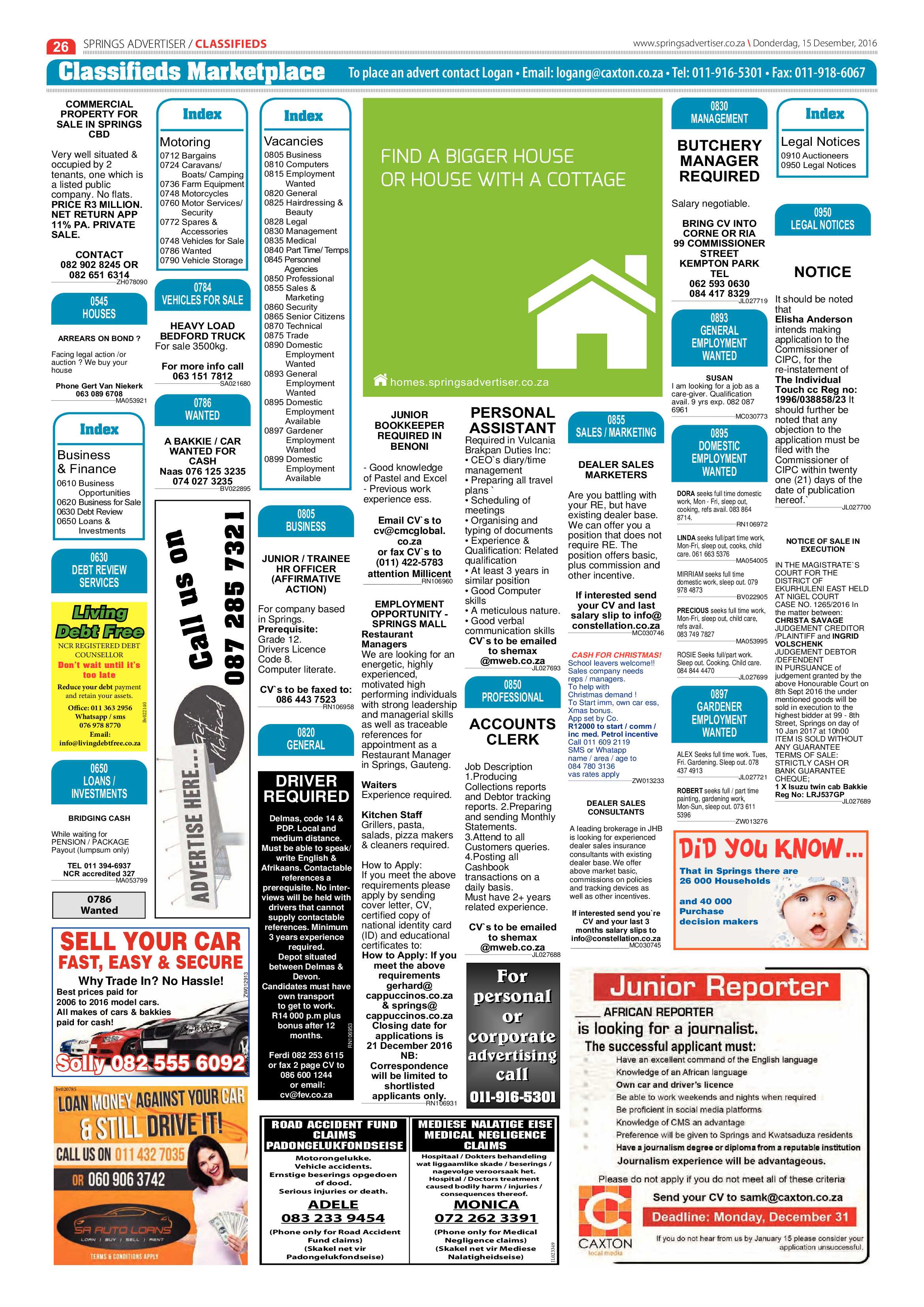 Springs Advertiser 15 December 2016 page 26