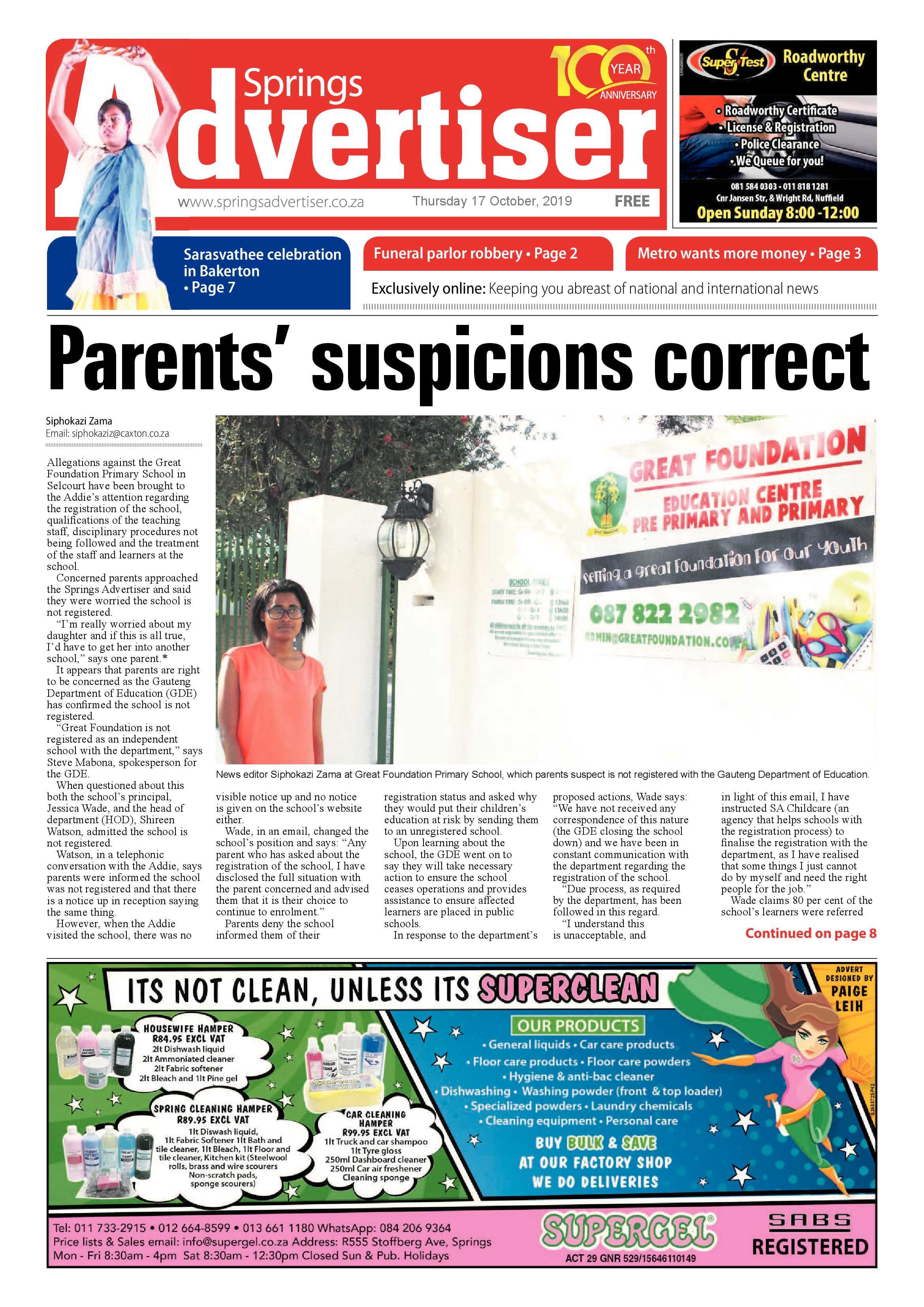 Springs Advertiser 17 October 2019 page 1