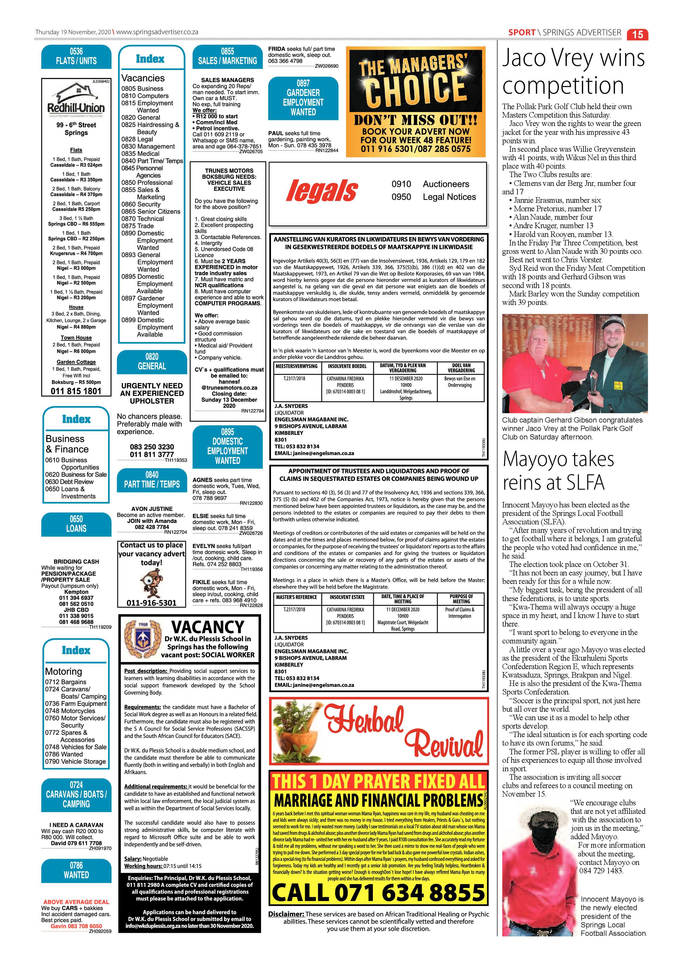 Springs Advertiser 19 November  2020 page 15