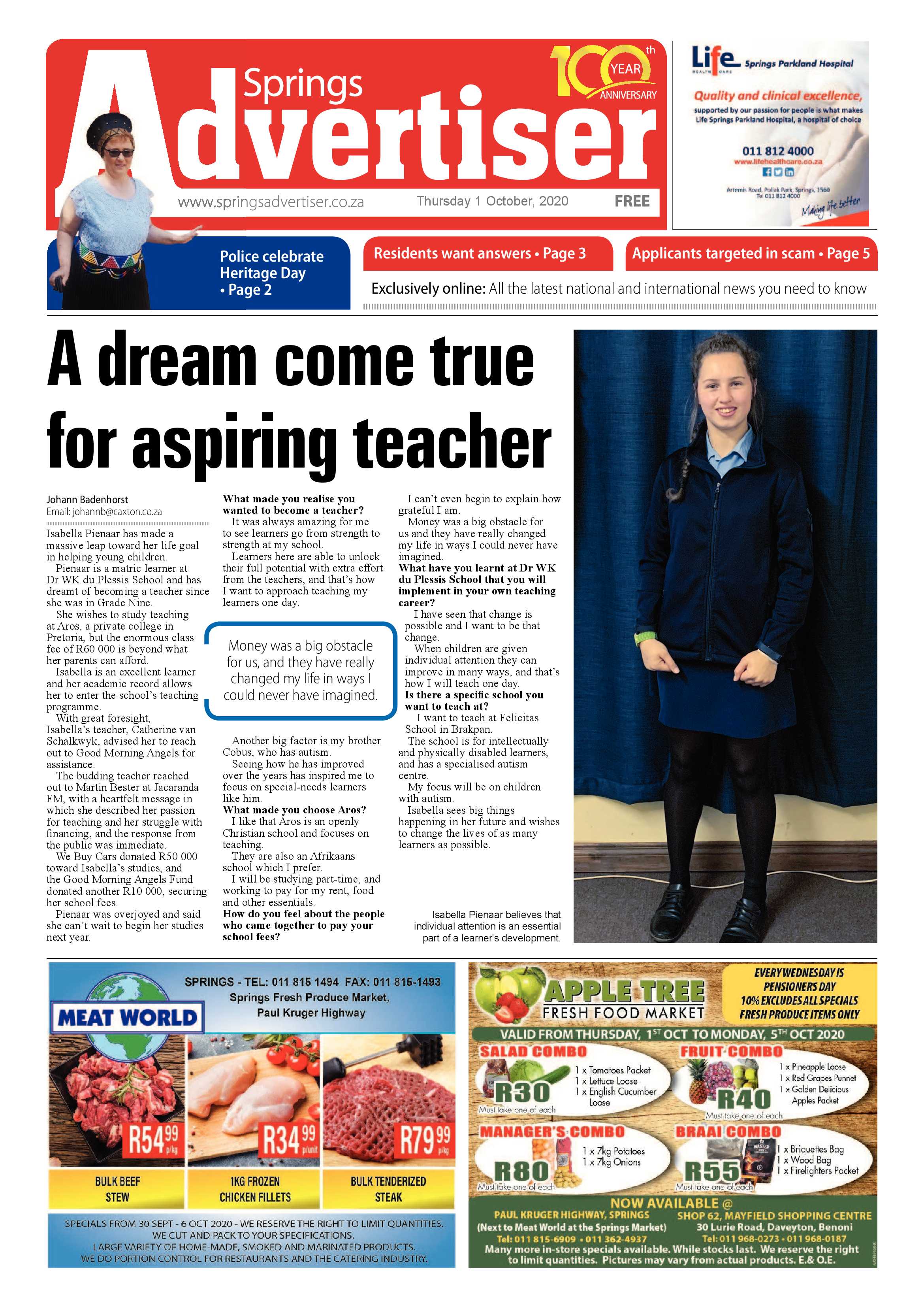 Springs Advertiser 1 October 2020 page 1