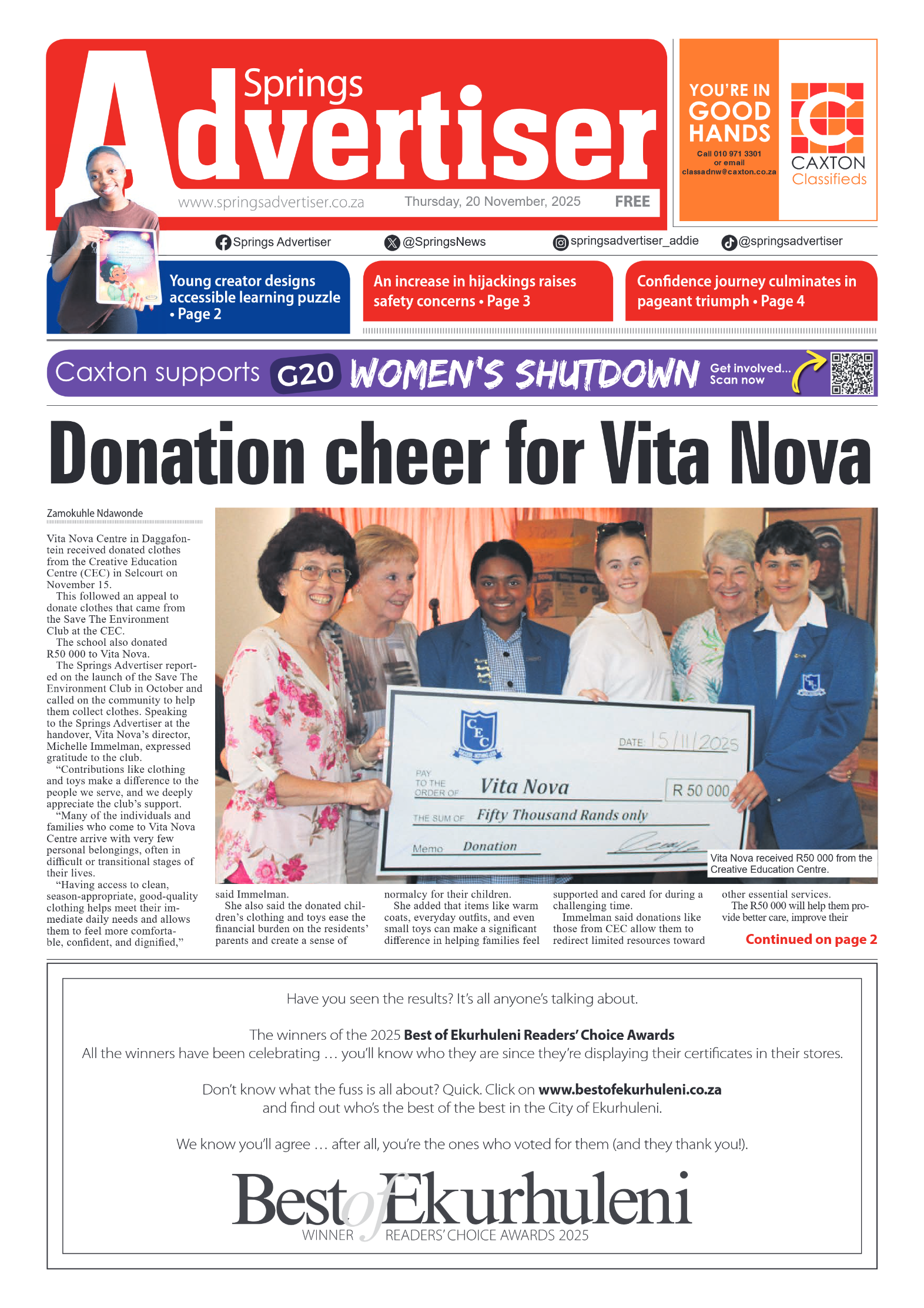 Springs Advertiser 20 November 2025 page 1