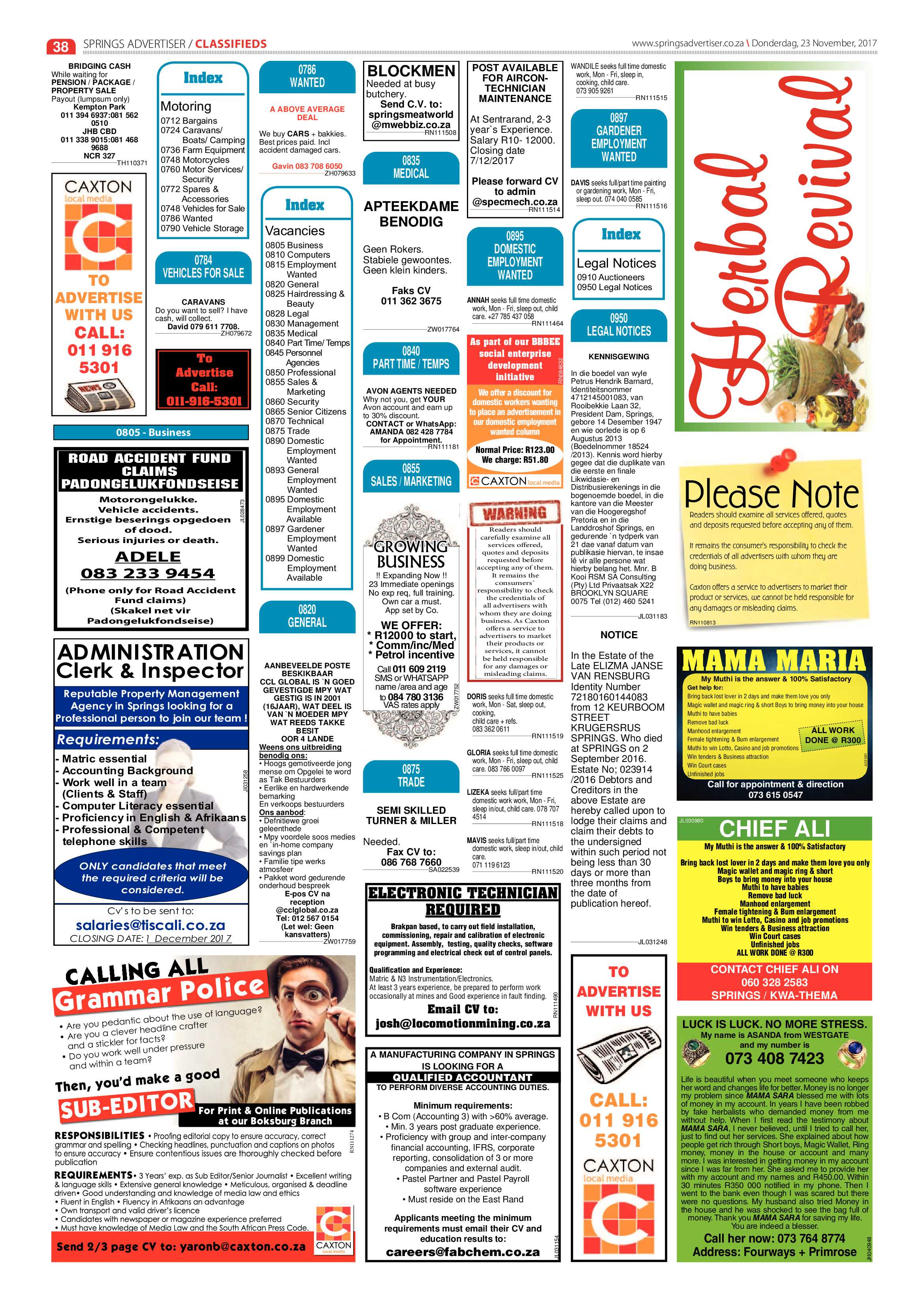Springs Advertiser 23 November 2017 page 38