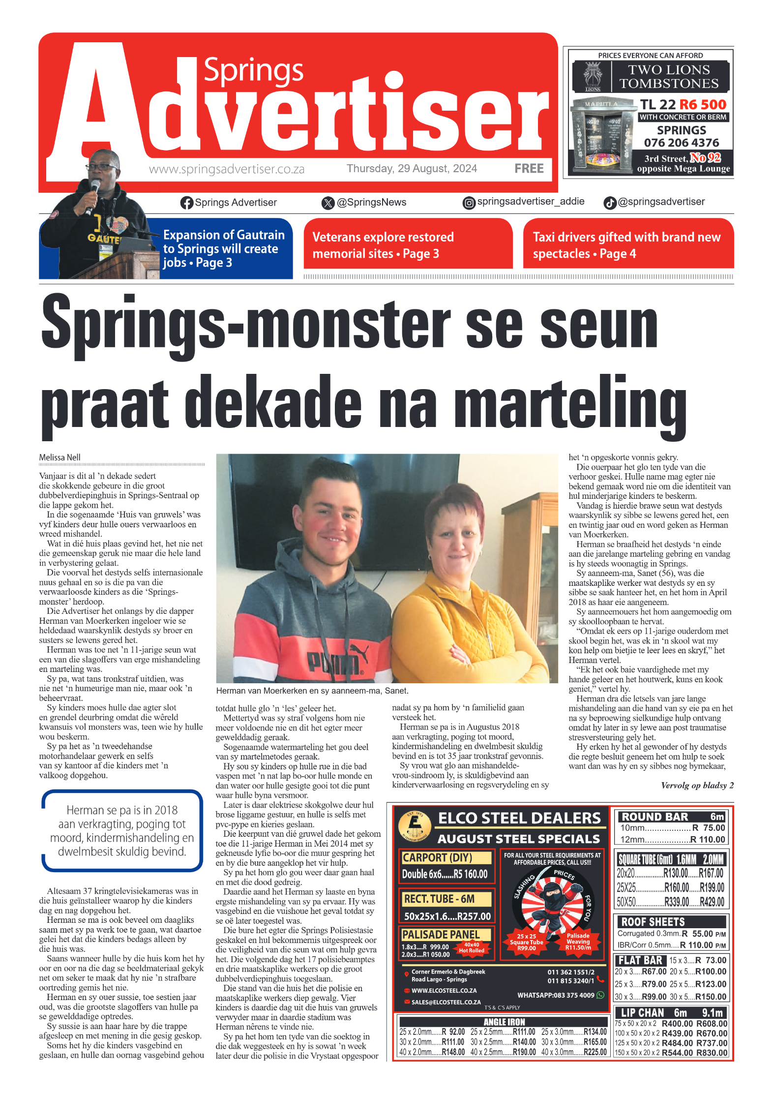 Springs Advertiser 29 August 2024 page 1