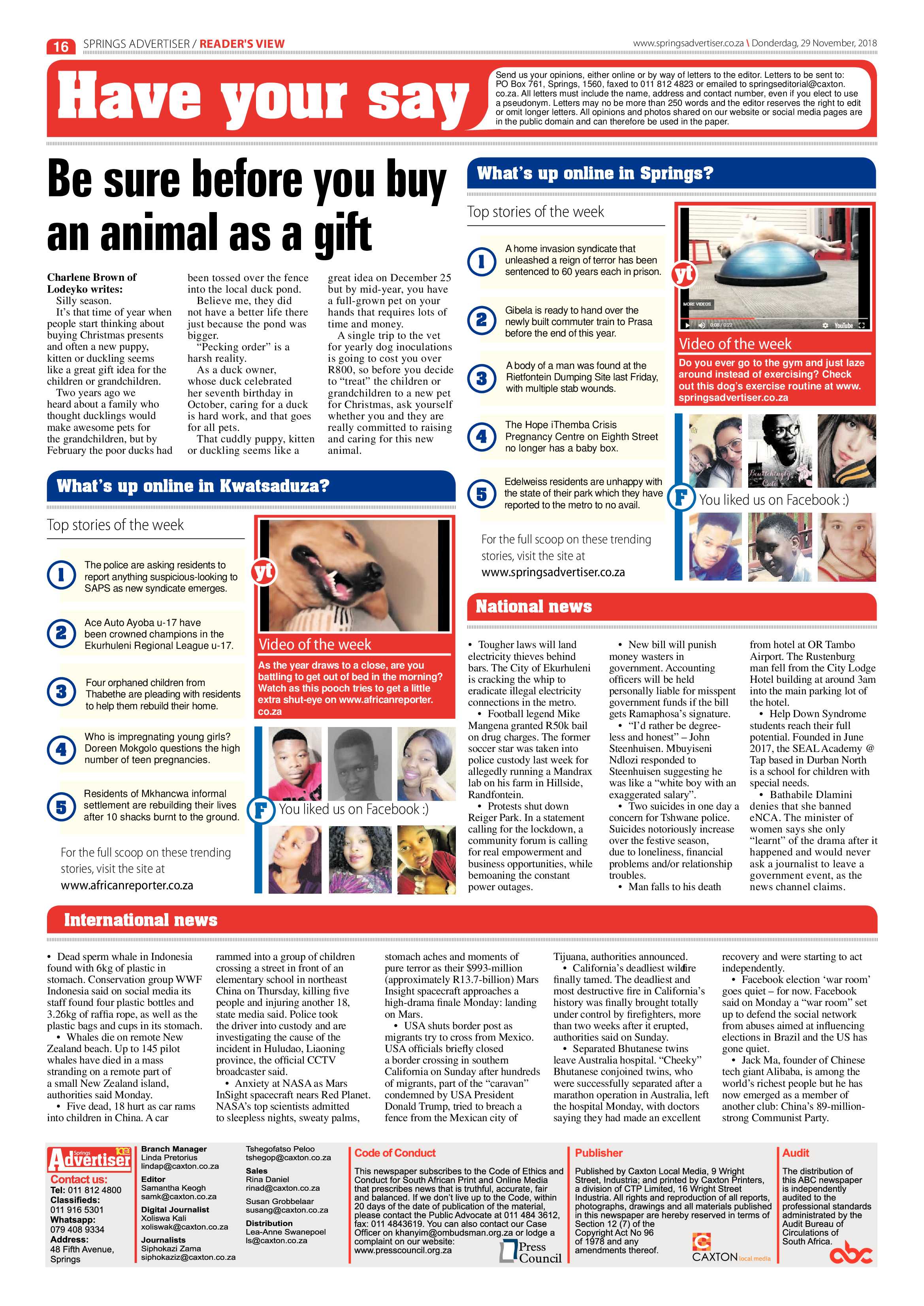 Springs Advertiser 29 November 2018 page 16