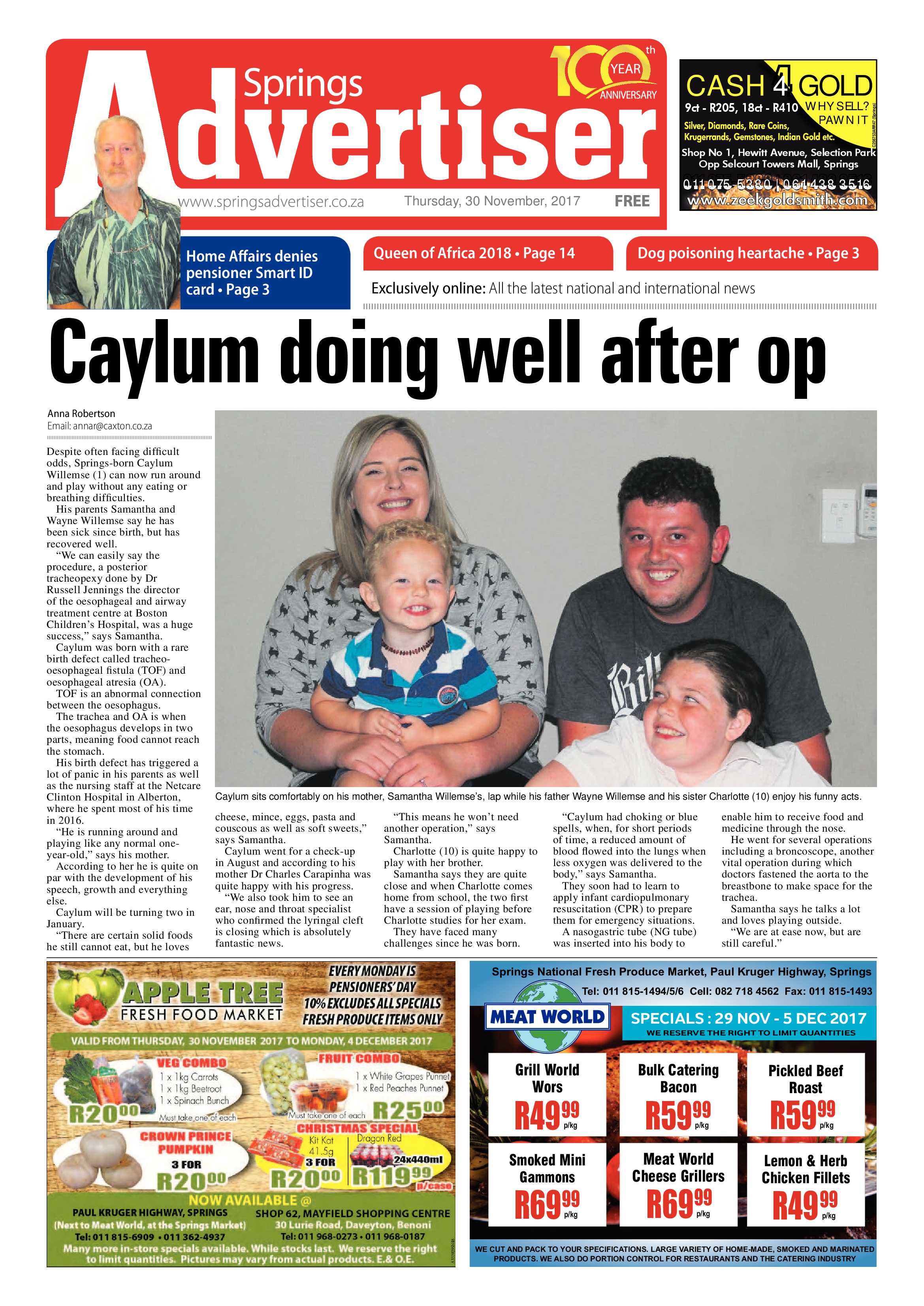 Springs Advertiser 30 November 2017 page 1