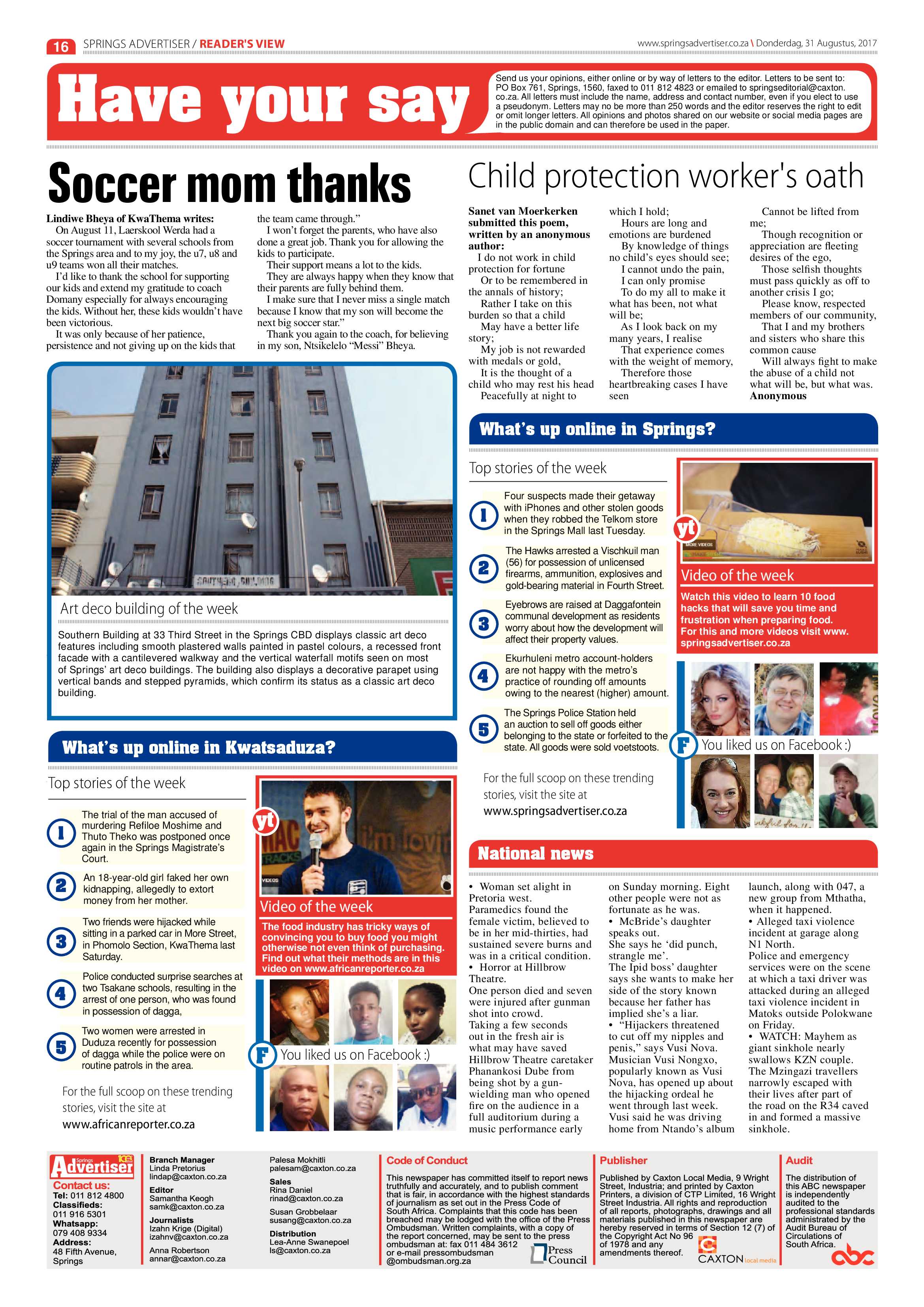 Springs Advertiser 31 August 2017 page 16