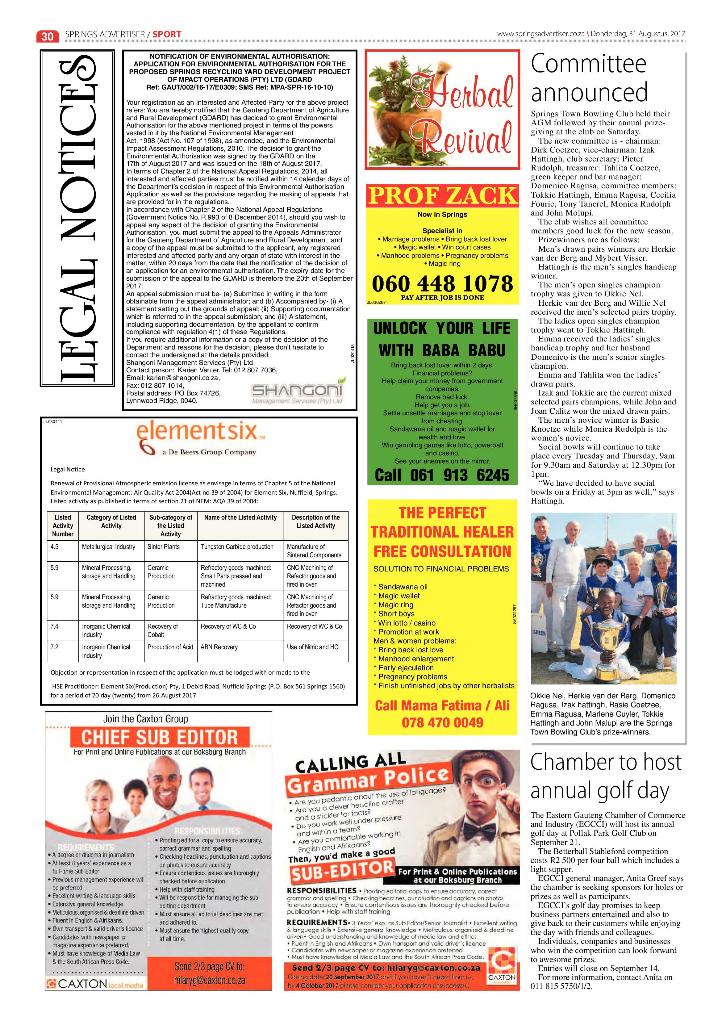 Springs Advertiser 31 August 2017 page 30