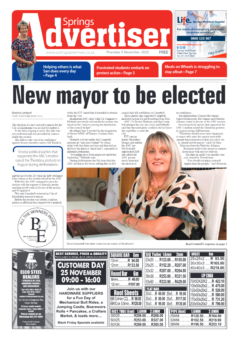Springs Advertiser 3 Nov 2022 page 1