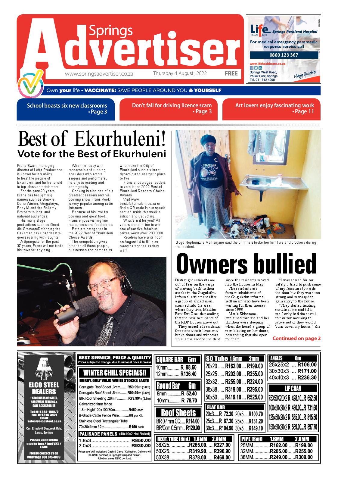 Springs Advertiser 4 August 2022 page 1