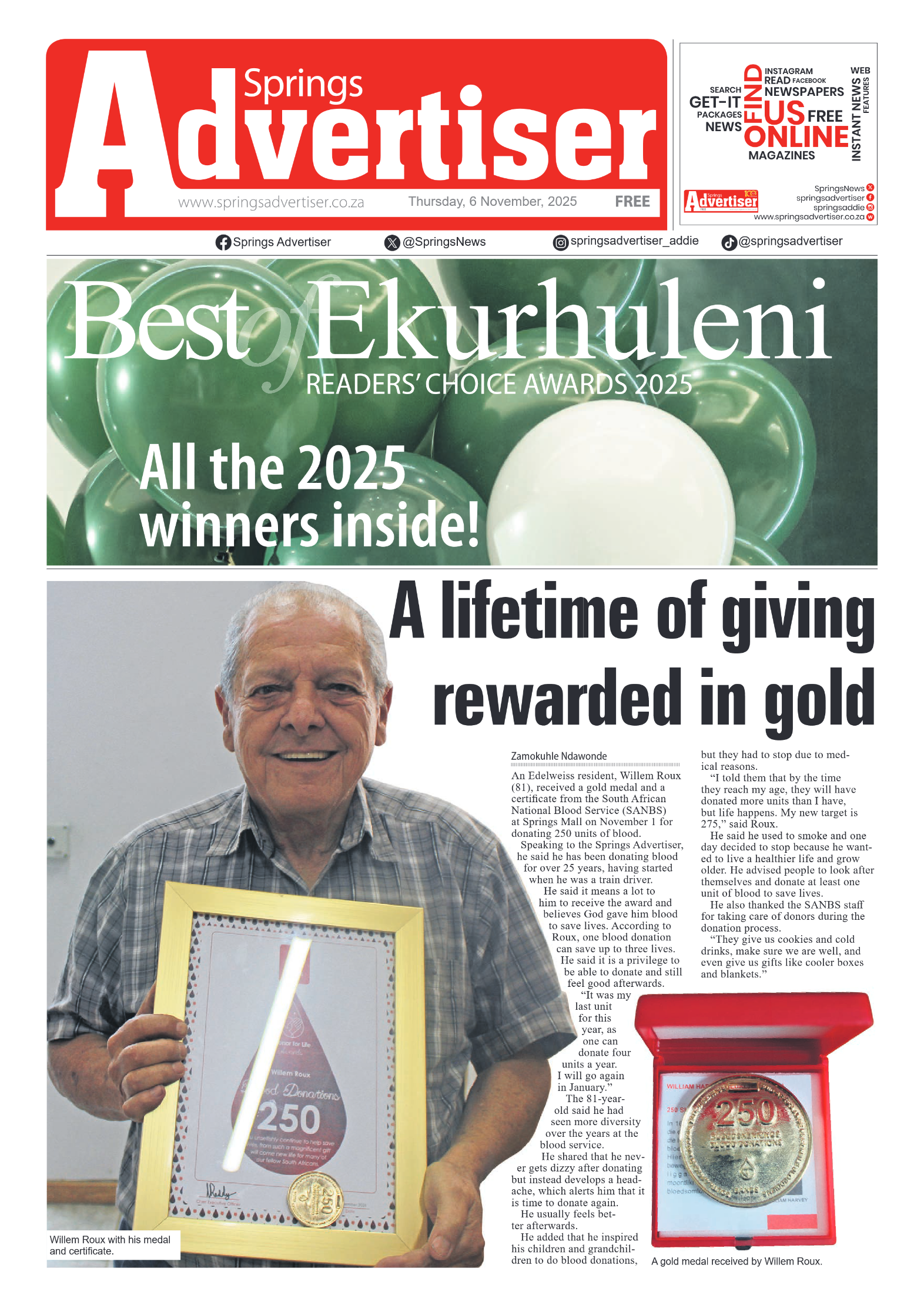 Springs Advertiser 6 November 2025 page 1